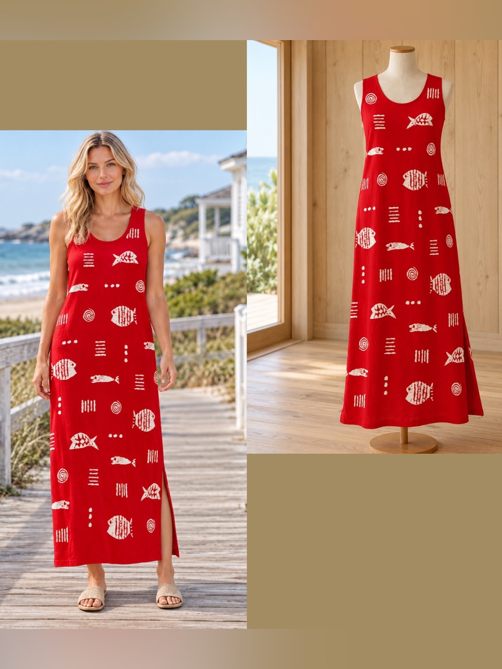Vintage M. Mac 90s Red Sleeveless Maxi Dress with White Fish Print